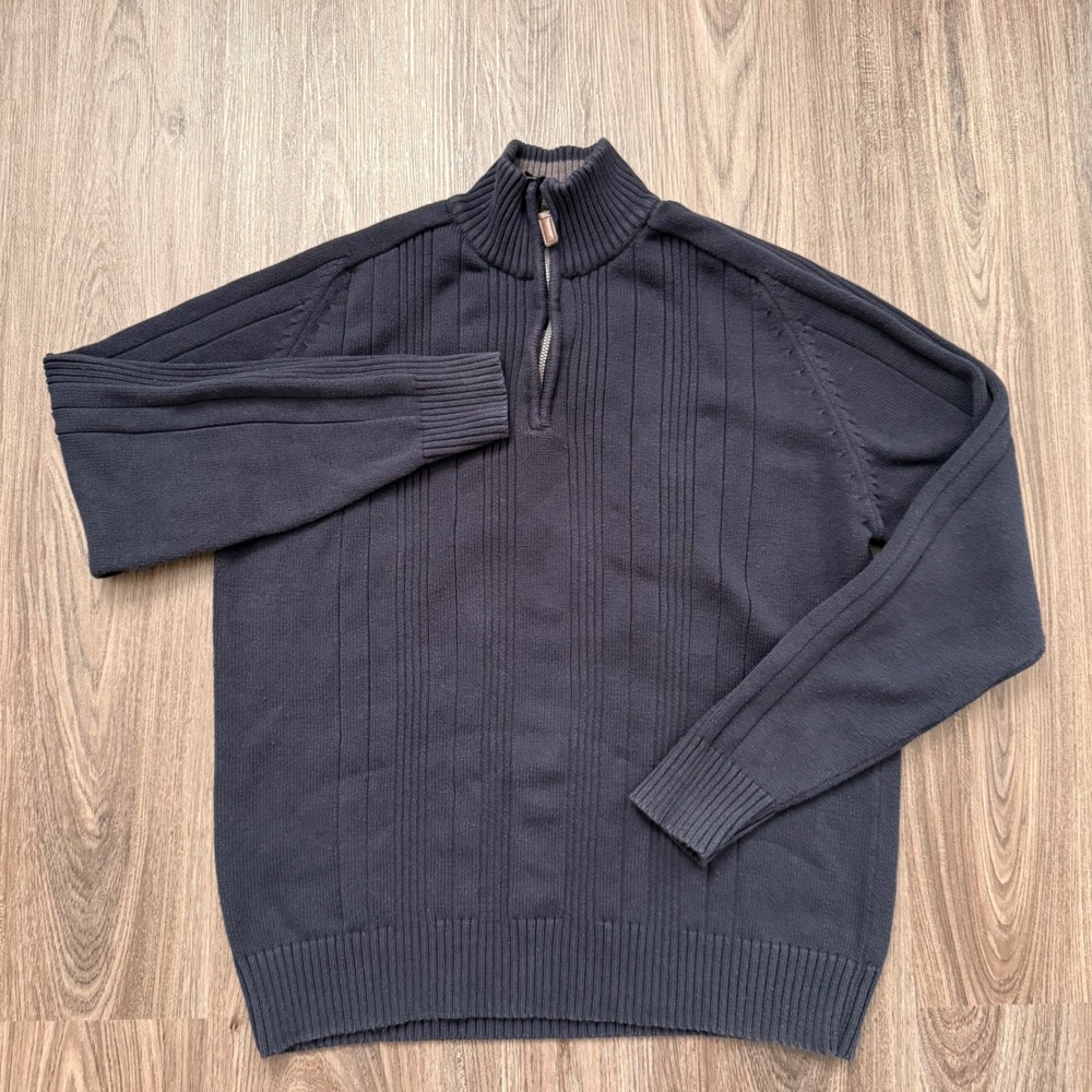 Oscar de la Renta Men's Quarter Zip Knit Sweater Dark Navy XL Ribbed Collar - Picture 1 of 6